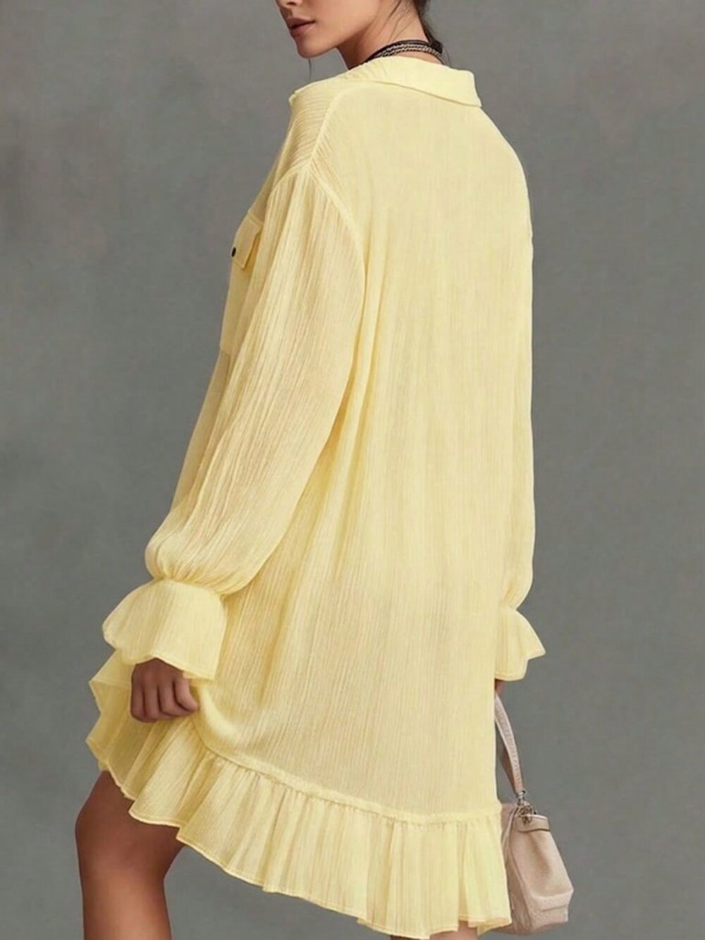 Light Yellow Casual Women's Textured Button Flare Sleeve Ruffle Hem Pocket Dress - Picture 2 of 4